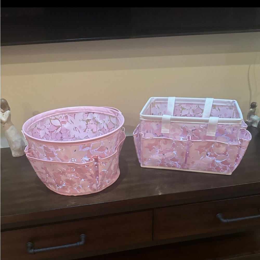 TAYLOR MADISON LG RECTANGLE & ROUND “PINK  FLORAL” VINYL BATHROOM STORAGE